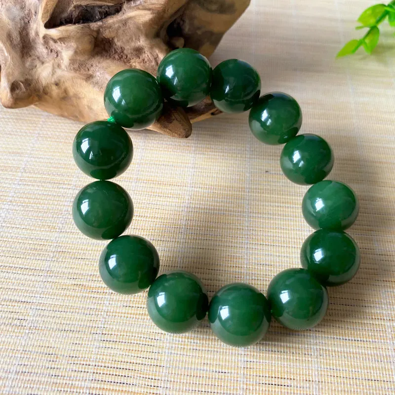 Xinjiang Hetian Jade Jasper Round Bead Bracelet Men's 16mm Spinach Green Buddha Bead Jade Bracelet