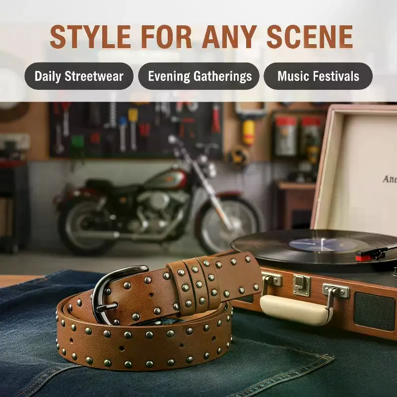 Hip Hop Punk Women's Belt Rivet Embellished PU Leather Retro Adjustable Waist Strap for Date Outfits