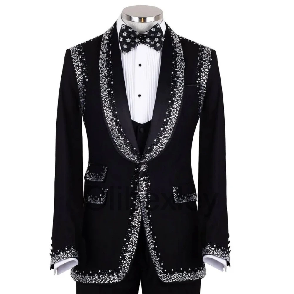 Olibexley Glitter Men Suits For Wedding Groom Diamond Sequin Male Prom Party Blazer 2 Pieces Set Tuxedos Slim Fit Customized S09