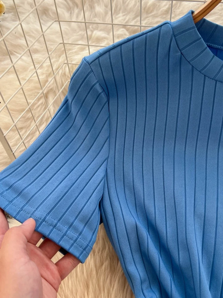 Foamlina Blue Knit Bodycon Dress Women Fashion O Neck Short Sleeve Sash Tie-up Back Slim Fit Long Dress for Casual Daily Wear