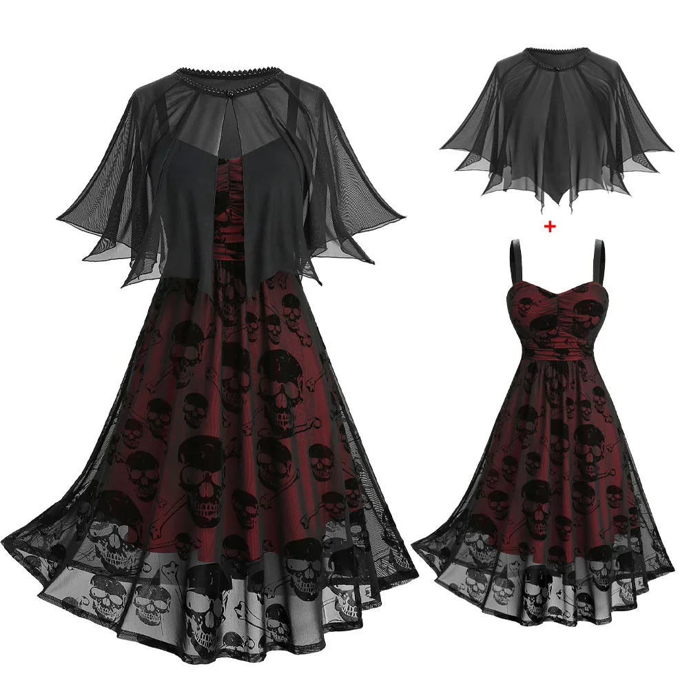 

ROSEGAL Plus Size Women's Casual Dresses Skull Flocking Mesh Ruched Tank Dress With Lace Trim Button Cover Cape