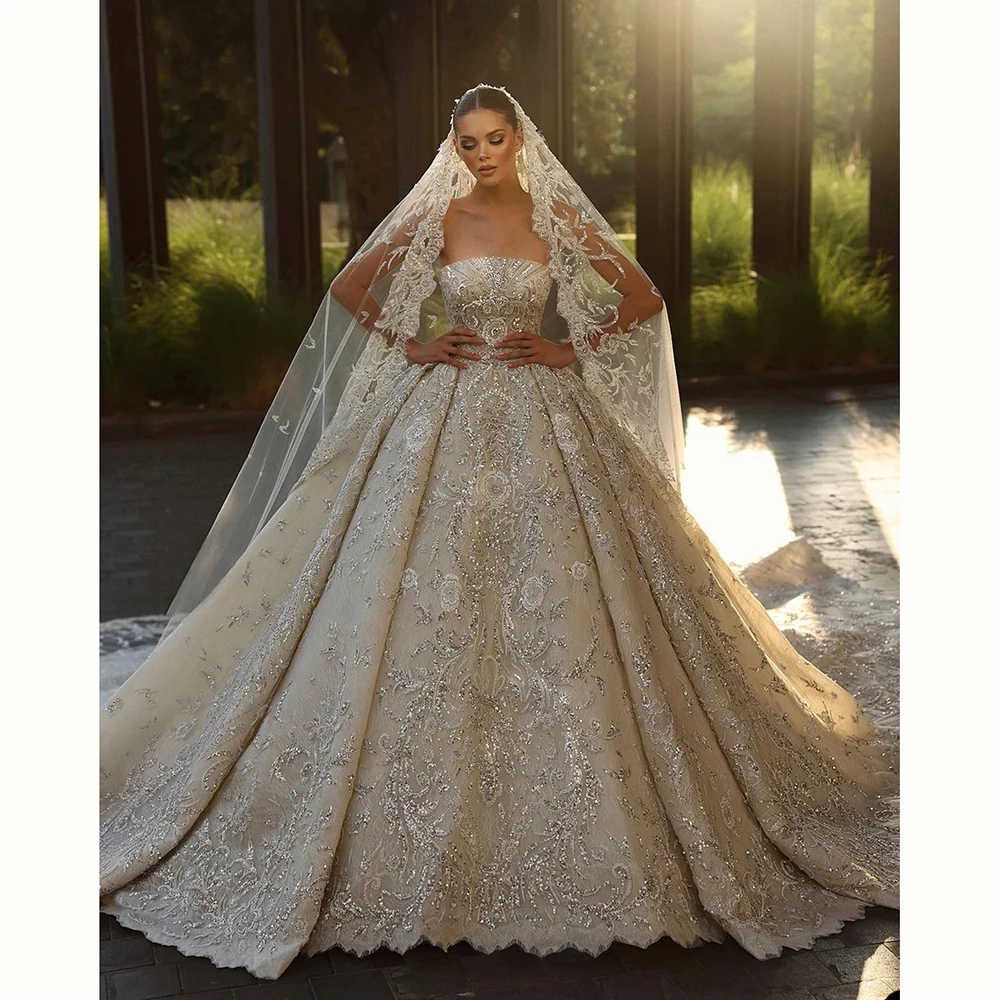 

Luxury Ball Gown Wedding Dress Sweetheart Sparkly Beaded Lace O Neck Long Sleeve Train High Quality Bridal Princess Dress