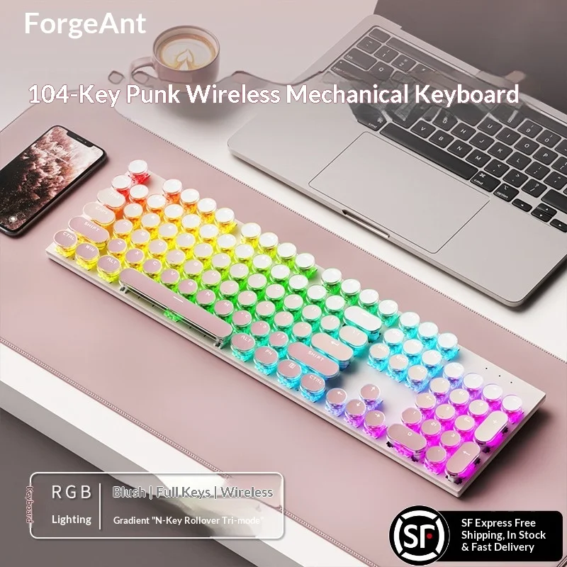 Forgeant H104Wireless Mechanical Keyboard, Tri-Mode Bluetooth, Retro Punk Style, 104 Keys, Office & Gaming Keyboard