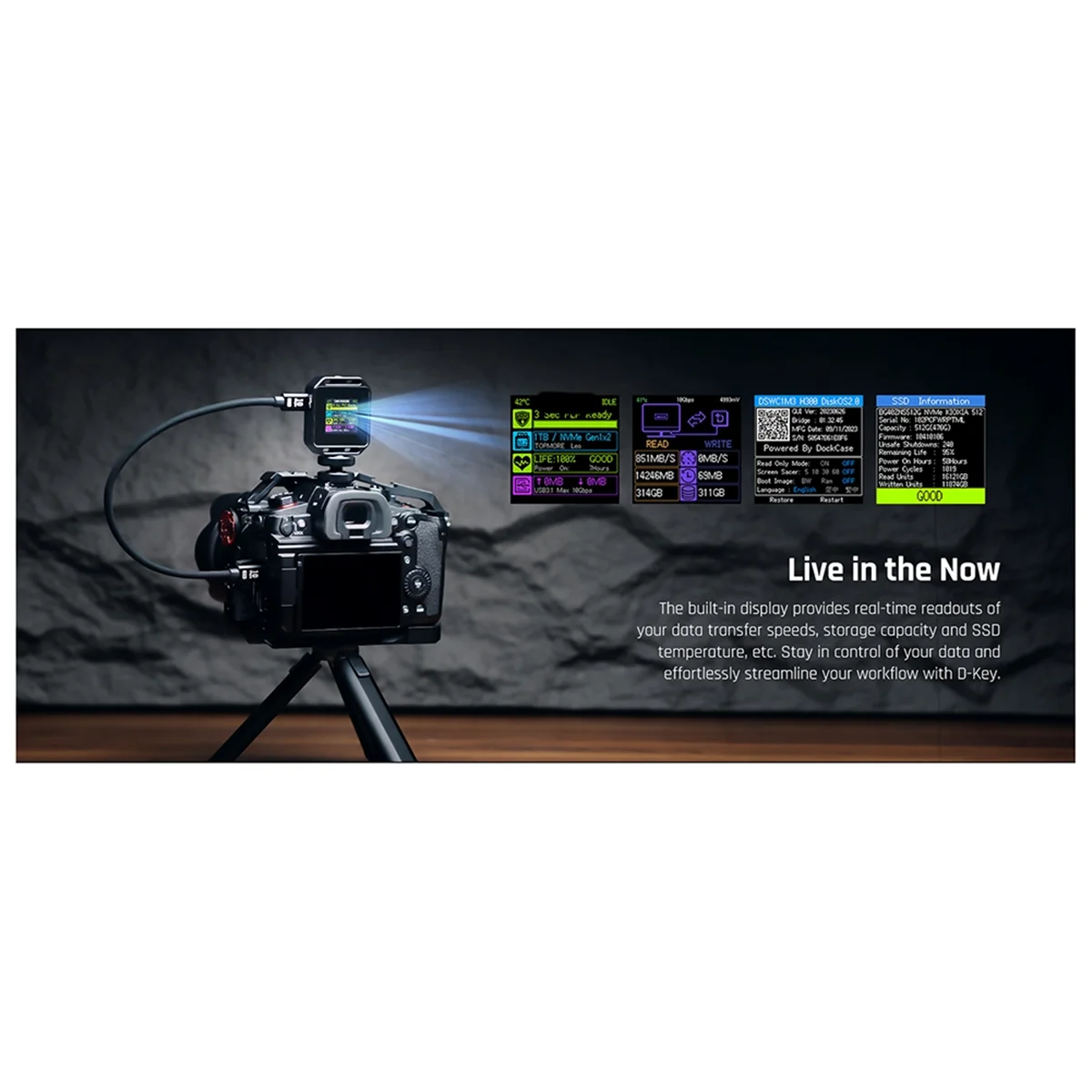 BVBV Pocket 2230 M.2 NVMe SSD Gabinete com furos para parafusos de 1/4 polegadas Display LCD USB Tipo-C 3.2 Gen2 10 Gbps Fotografia Edição A