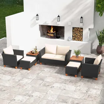 Juego de muebles de Patio de 7 piezas, mobiliario con sillones Loveseat, otomanas y mesa de almacenamiento