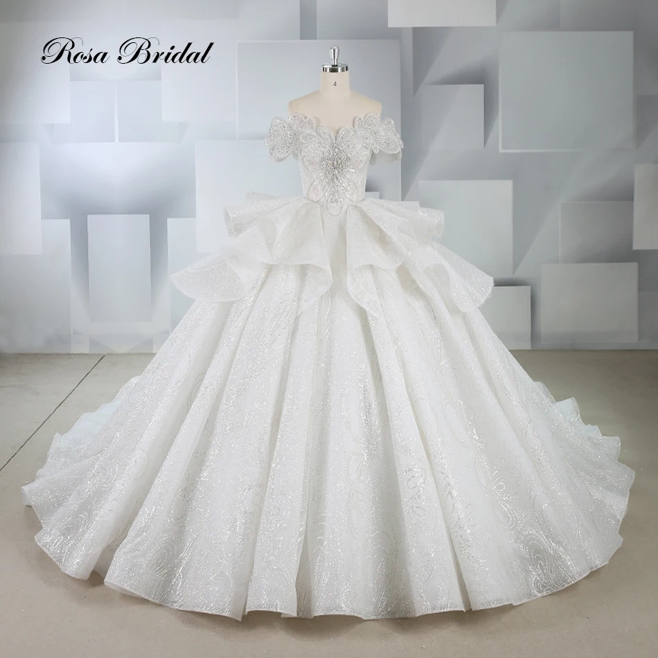 Off Shoulder Shape Beaded Glitter Tulle Wedding Dress