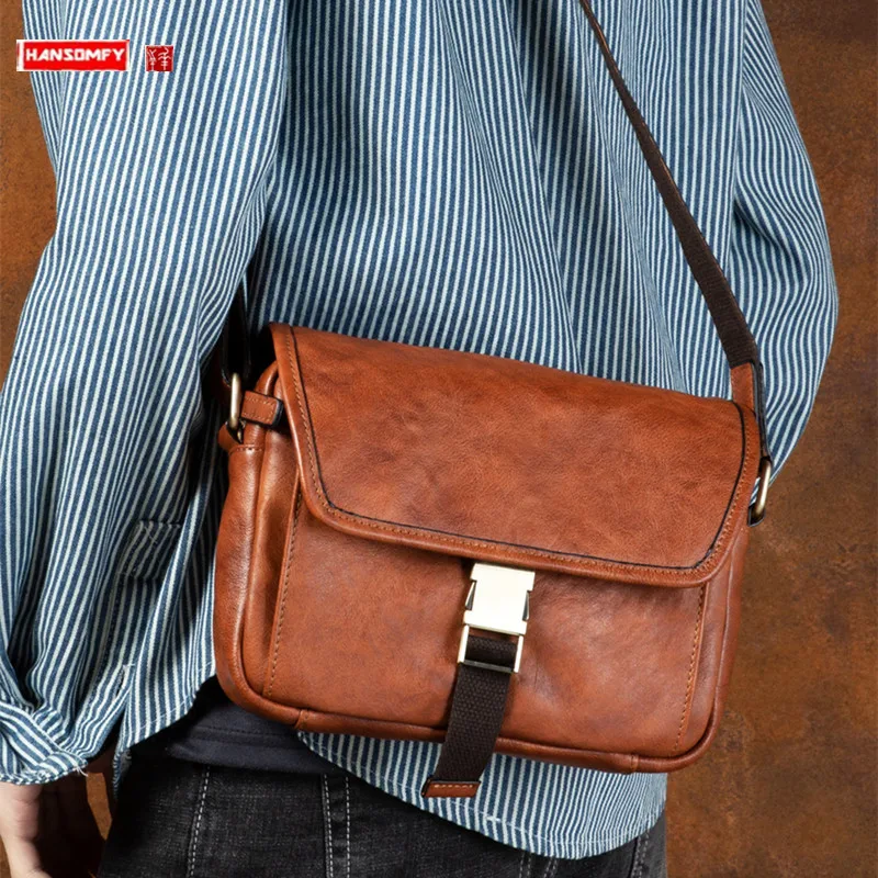 

New Vegetable Tanning Leather Men's Bag Genuine Leather Shoulder Messenger Bag Casual Crossbody Bags 2024 New Retro Packet