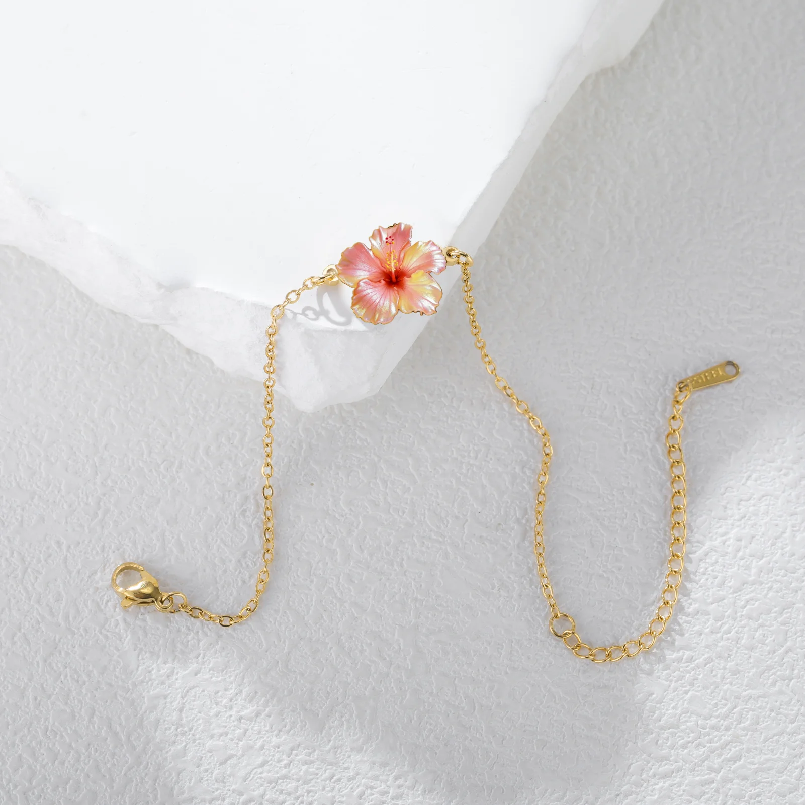 Women's Gold Plated Pink Hibiscus Flower Bracelet