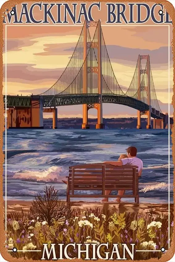 Tin Sign Vintage Mackinac,Michigan,Mackinac Bridge And Sunset 41324 Bar Club Family Bathroom Toilet Cafe Funny Wall Decoration G