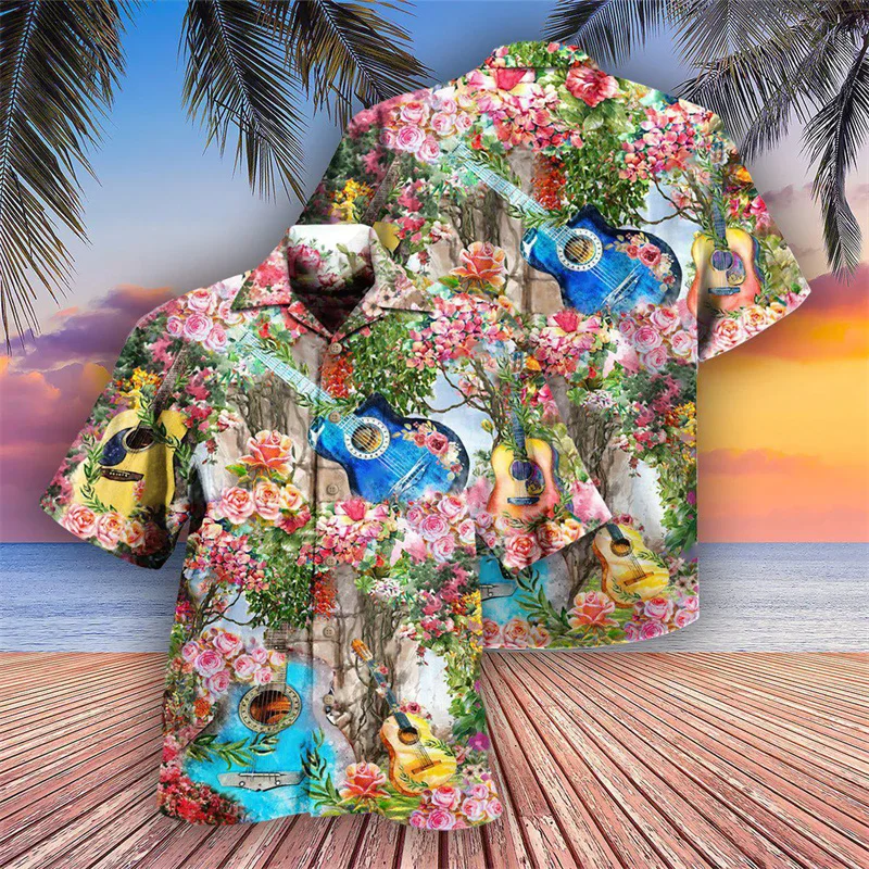 Guitar Bass Pattern Hawaiian Shirts For Men Vintage Musical Instrument 3D Printed Blouse Summer Loose Aloha Shirts Short Sleeves