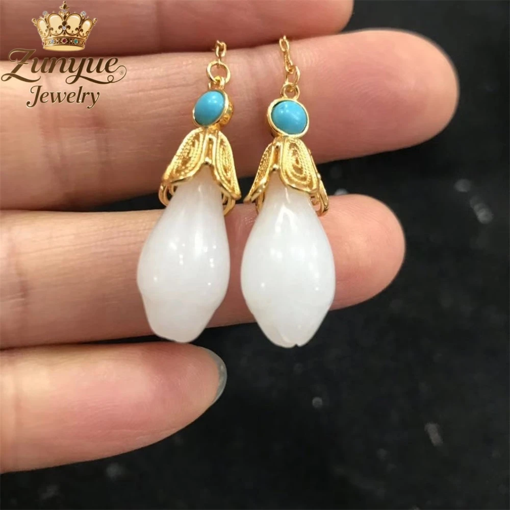 

Natural Hetian Jade White Jade Magnolia Flower Earrings Luxury Quality Jewelry Best Selling Fashion Jewelry Charms Exquisite