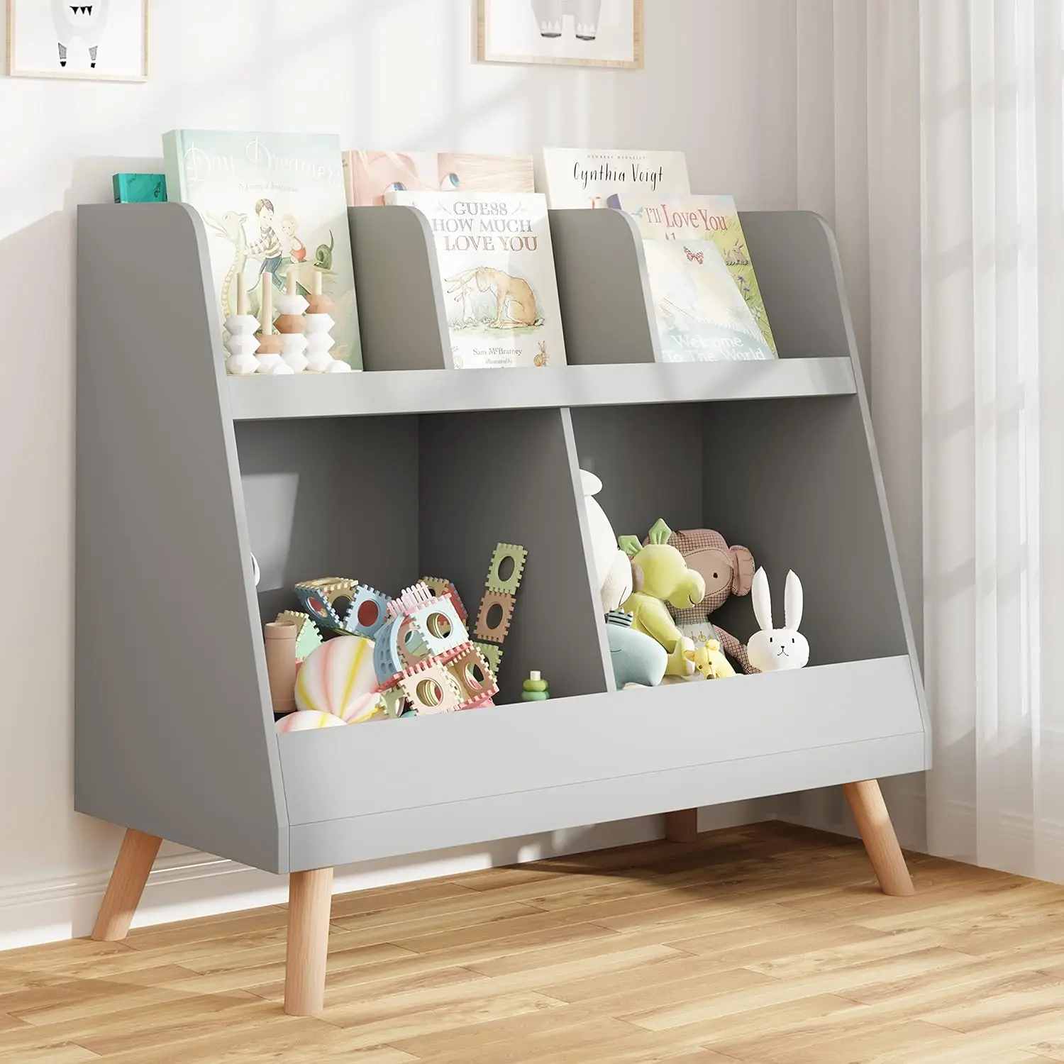 Toy Organizer, Gray, 5 Cubbies, Modern Style, Wood, 32.4x12.5x27.3 inches, 32.5 pounds