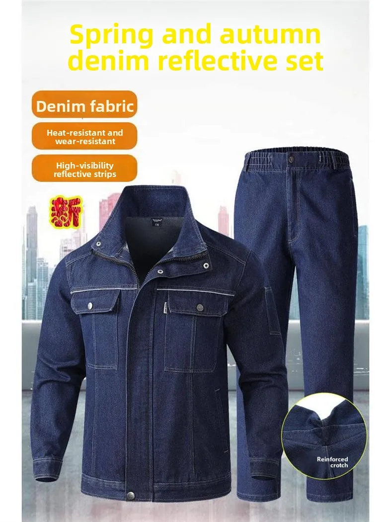 

Thiened Pure Cotton Men's Workwear Set Welding Flame Retardant Denim Jaet Spring Autumn Work orm Labor Prote...