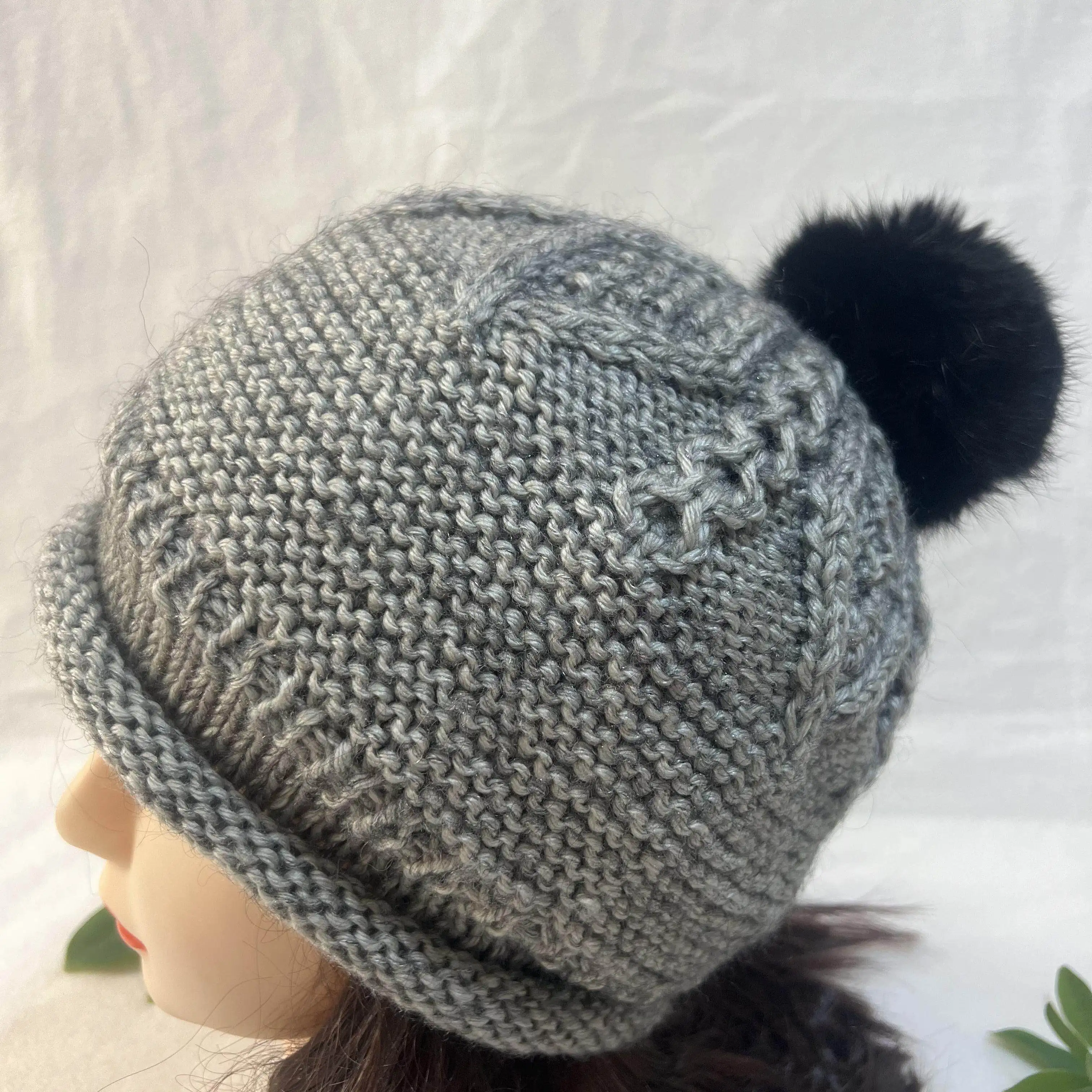 Womens Warm Winter Beret Handwoven Yarn Hat with Rabbit Fur Pompom for Casual Weekend Outfits and Shopping Trips and Daily Walks