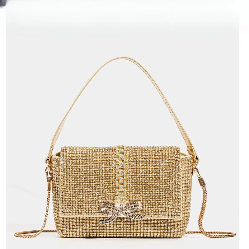

Fashion Rhinestone Bag High Value Sparkling Full Diamond Bow Bag Cover Type Shoulder Armpit Messenger Designer Luxury Bags Woman