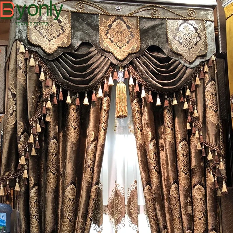 

Golden Brown Embroidered Chenille Velvet Curtains for Living Room Bedroom French Window Customized Finished Villa Valance Tulle