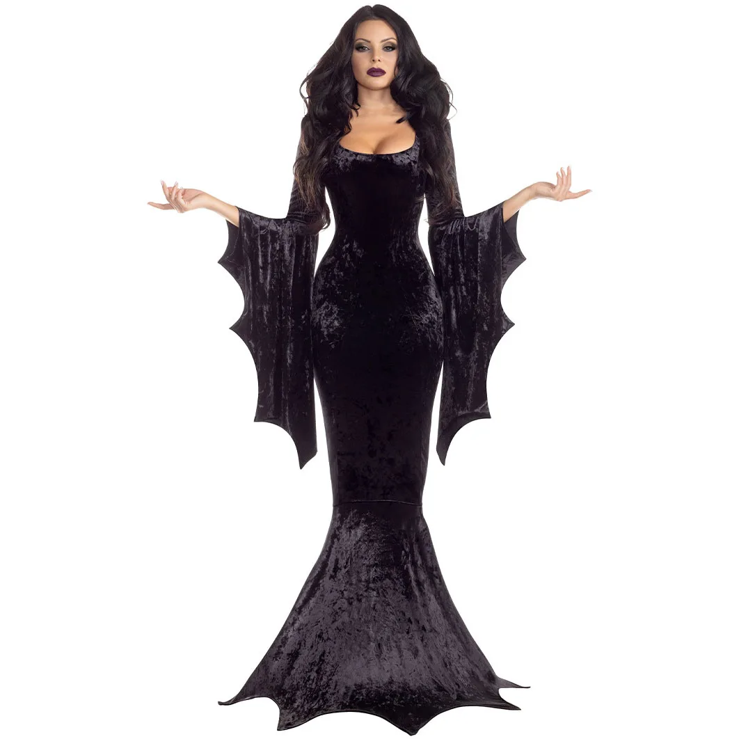 Costume da strega Morticia Addams Abito lungo da strascico Donna Halloween Terrore Abito scuro Abito gotico Abito manica a pipistrello Horror per adulto