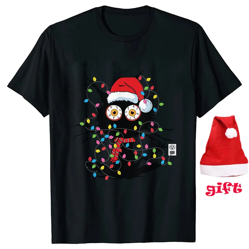 Black Cat Winding in Lights Women T-Shirt Gift with Christmas Hats O Neck Girls Y2k Tops Lady Party T Shirt Short Sleeve Tees