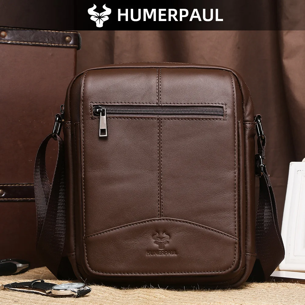 حقيبة كتف للرجال من الجلد الطبيعي من HUMERPAUL كاجوال بحزام قابل للتعديل مع جيب للهاتف والسفر التجاري