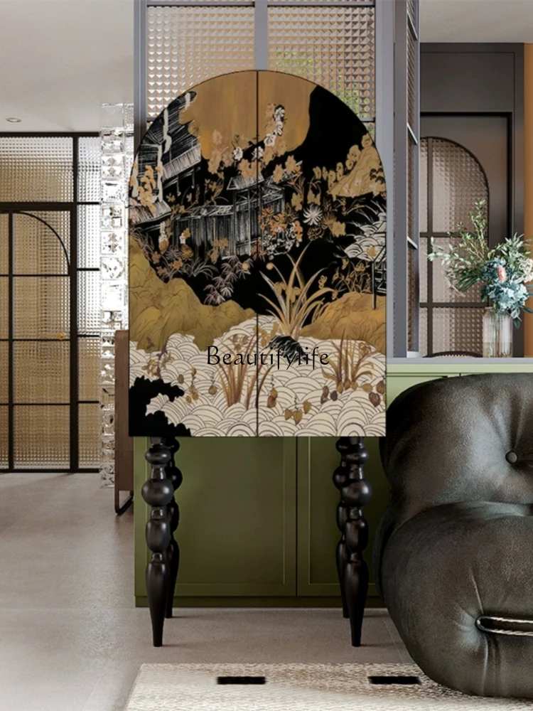 New Chinese-style solid wood dining side cabinet, antique retro painted art in the living room, high-footed bucket cabinet