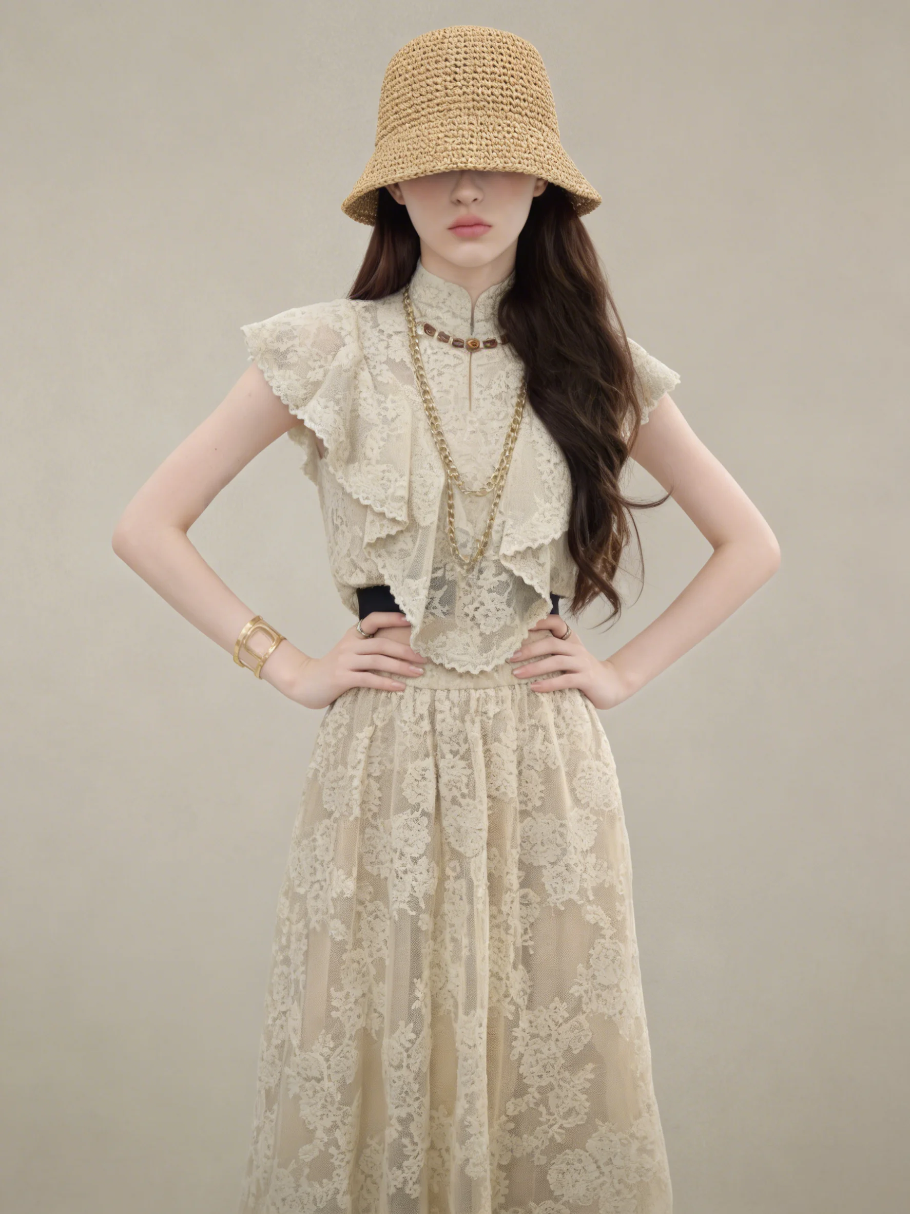 

Elastic Waist Lace Top with Belt Spring Summer Casual Style Women's Fashion Set High Waist Skirt with Flounce Hem