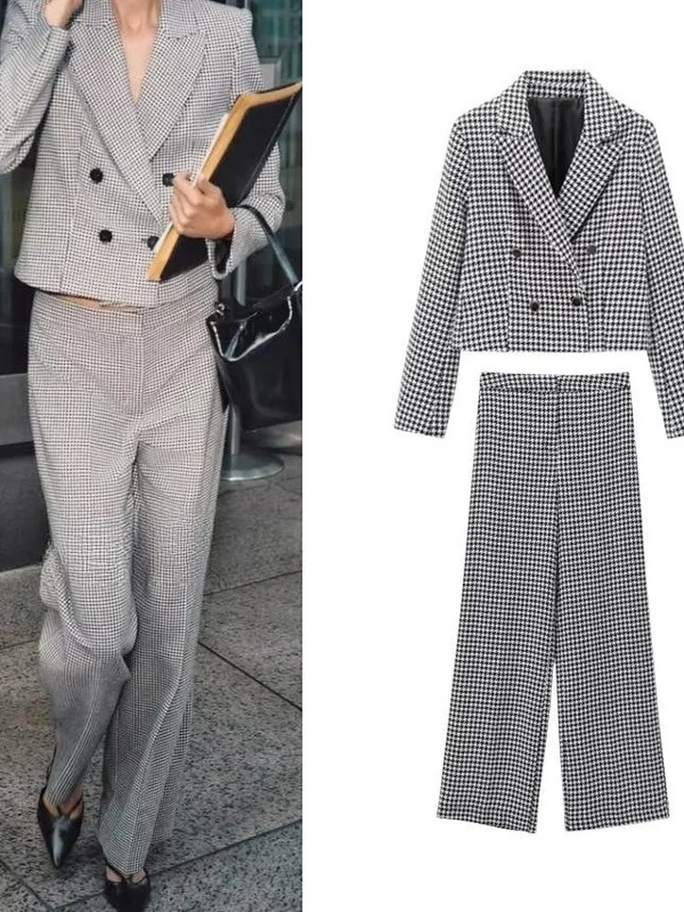 Ensemble de costume décontracté taille haute pour femmes, classique à carreaux ort Jaet et pantalon à jambes larges, tenue longue Sve Faion, ensemble deux pièces