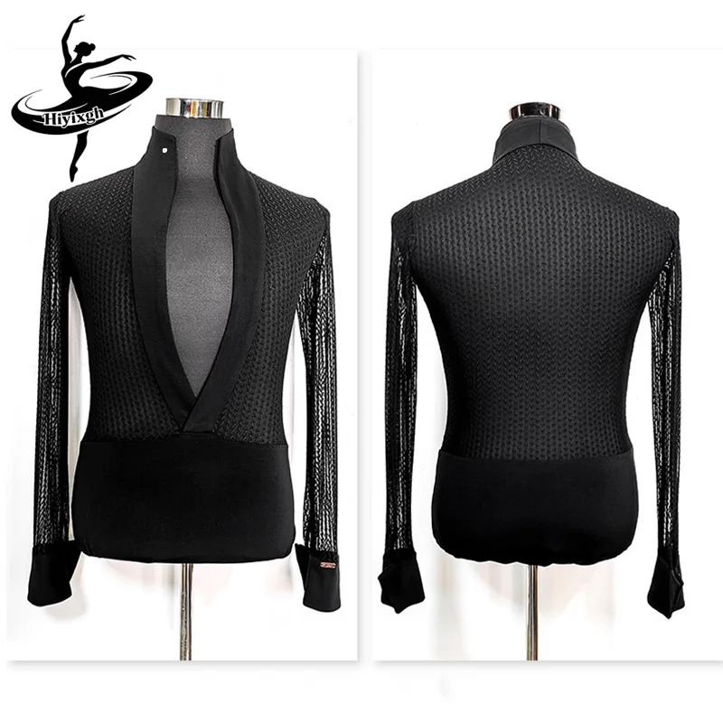 Male V-Neck Latin Dance Top Competition Performance Costume Man Ballroom Rumba Dancing Clothes Long Sleeve Black Bodysuit