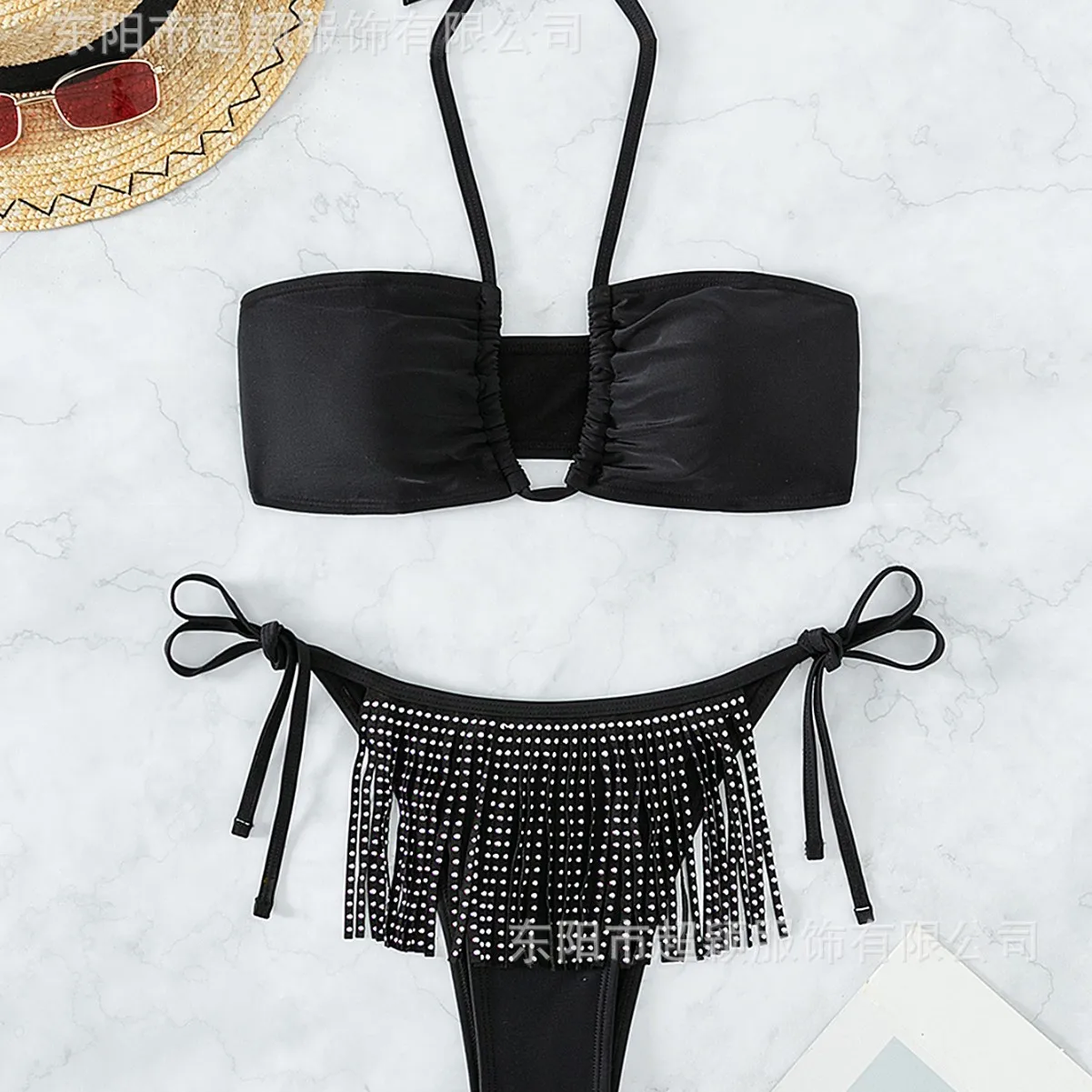 

Tassel hot diamond sexy tube top sling V-neck neck three-point swimsuit beach bikini 2025 new
