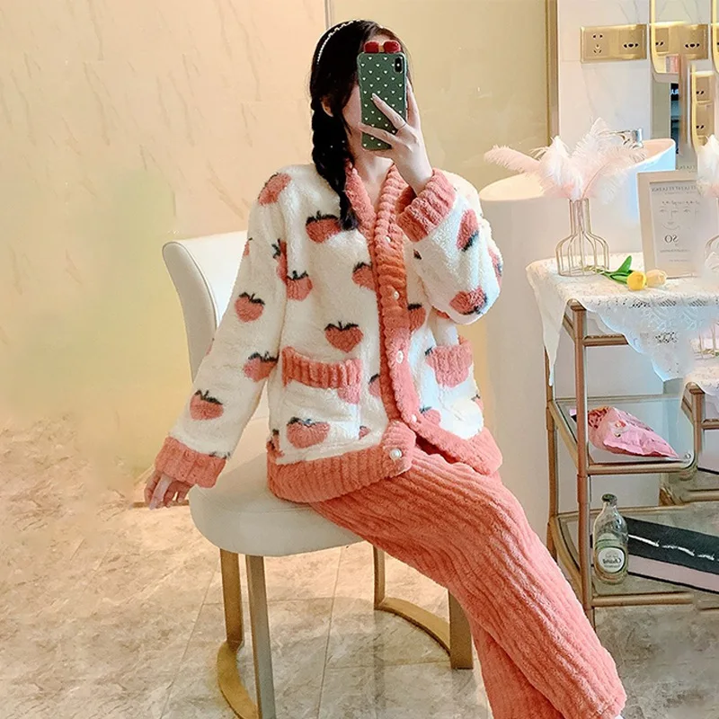 2Pcs/set women\'s coral velvet pajamas small fragrant wind autumn and winter padded and thickened warm peach-coloured student hom