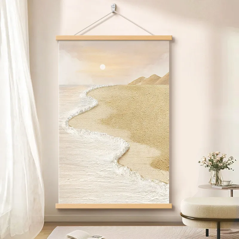 Wall Art Pale Sand Dunes and Soft Blue Shore Cream Style Pearlescent Canvas Hanging Scroll with Wooden Rods for Bedroom