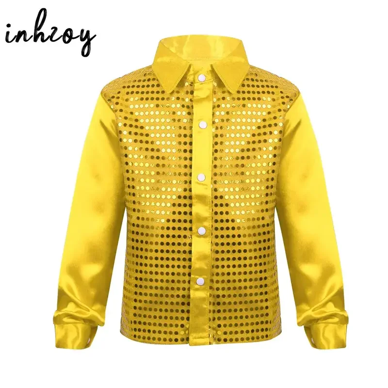 Kids Shiny Sequins Hip Hop Jazz Dance Shirt Long Sleeve Spread Collar Shirts Disco Club Party Tops Choir Stage Show Costumes