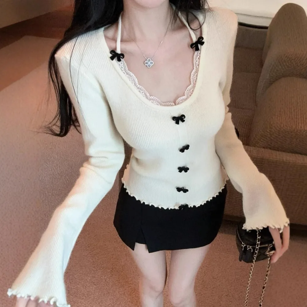 جودة عالية حار بيع بالجملة جديد ربطة القوس فيونكة محبوك سترة سليم صالح معلقة الرقبة مثير الدانتيل قاعدة قميص مع المرأة الداخلية #5