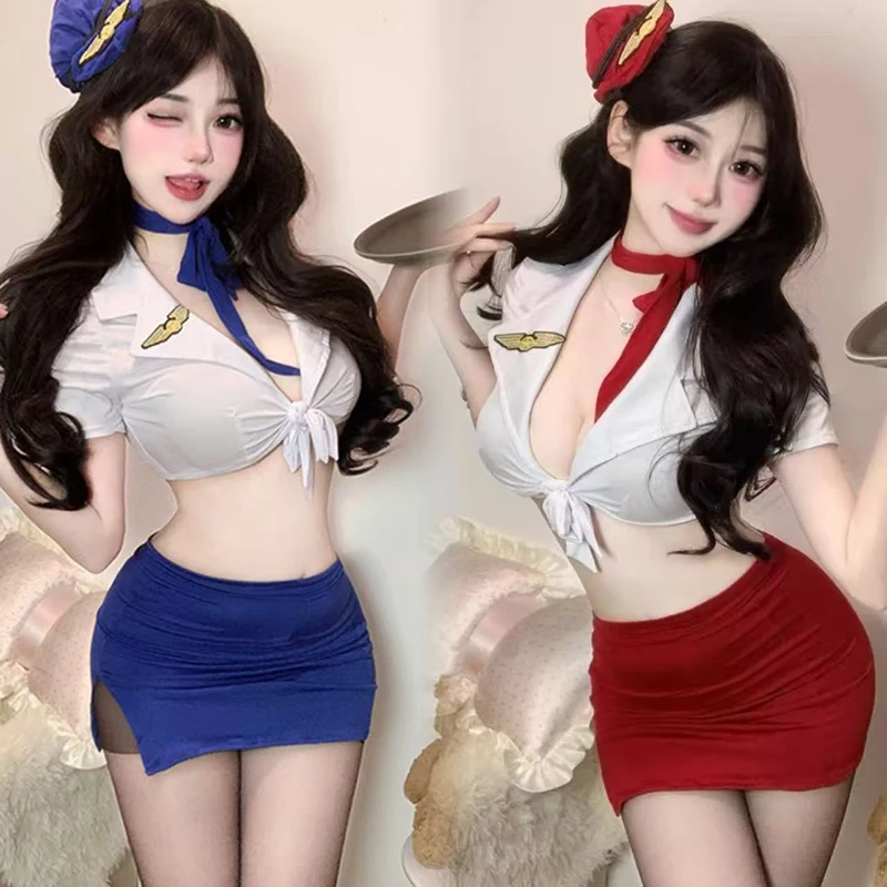 

Sexy Stewardess Uniform Allure Adult Lady Halloween Party Cosplay Costumes Deep V Neck Hip Skirt Lingerie Secretary Sweet Skirt