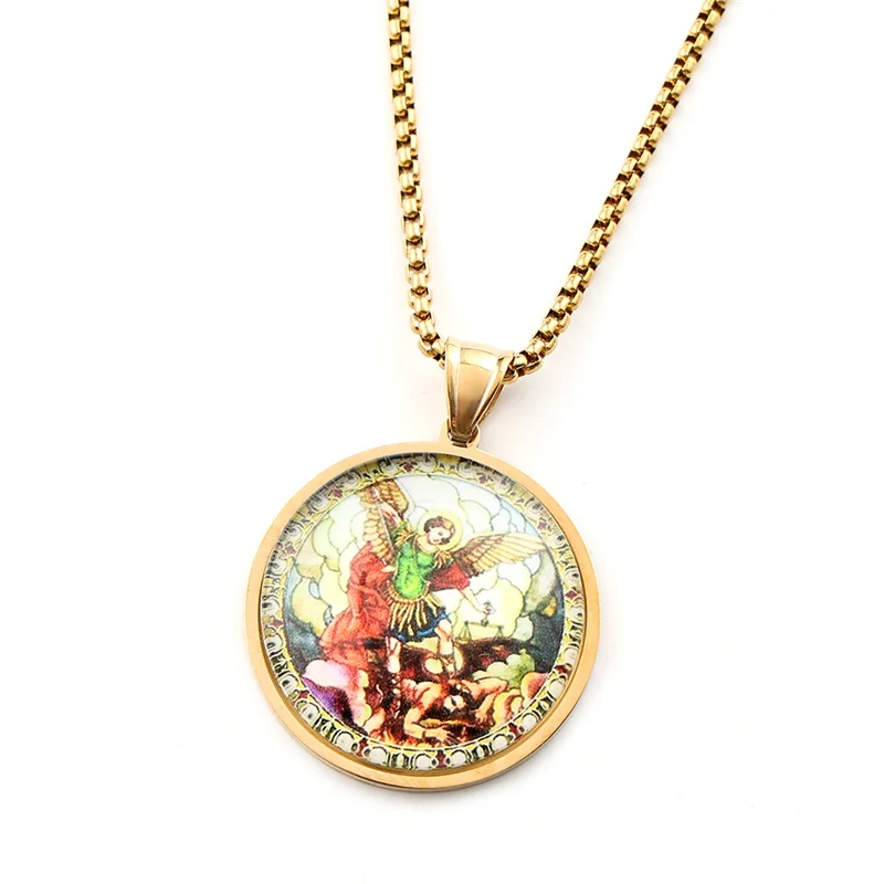 SAINT MICHAEL PROTECT US Archangel Stainless Steel Glass Pendant Necklace for Women Men Gold Color Christian Amulet Jewelry