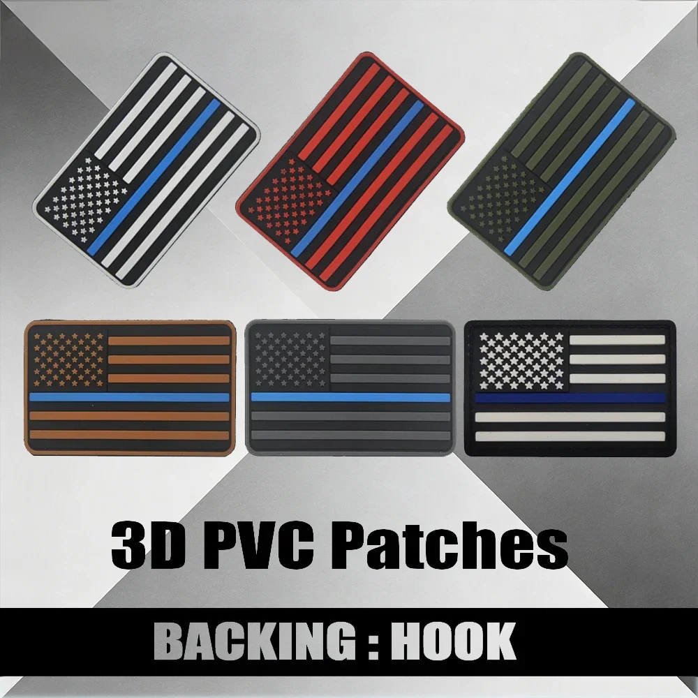 3D PVC Rubber Patch Thin Blue Line American Flag Tactical Morale Badge with Hook Backing for Outdoor Gear And Apparel Decoration