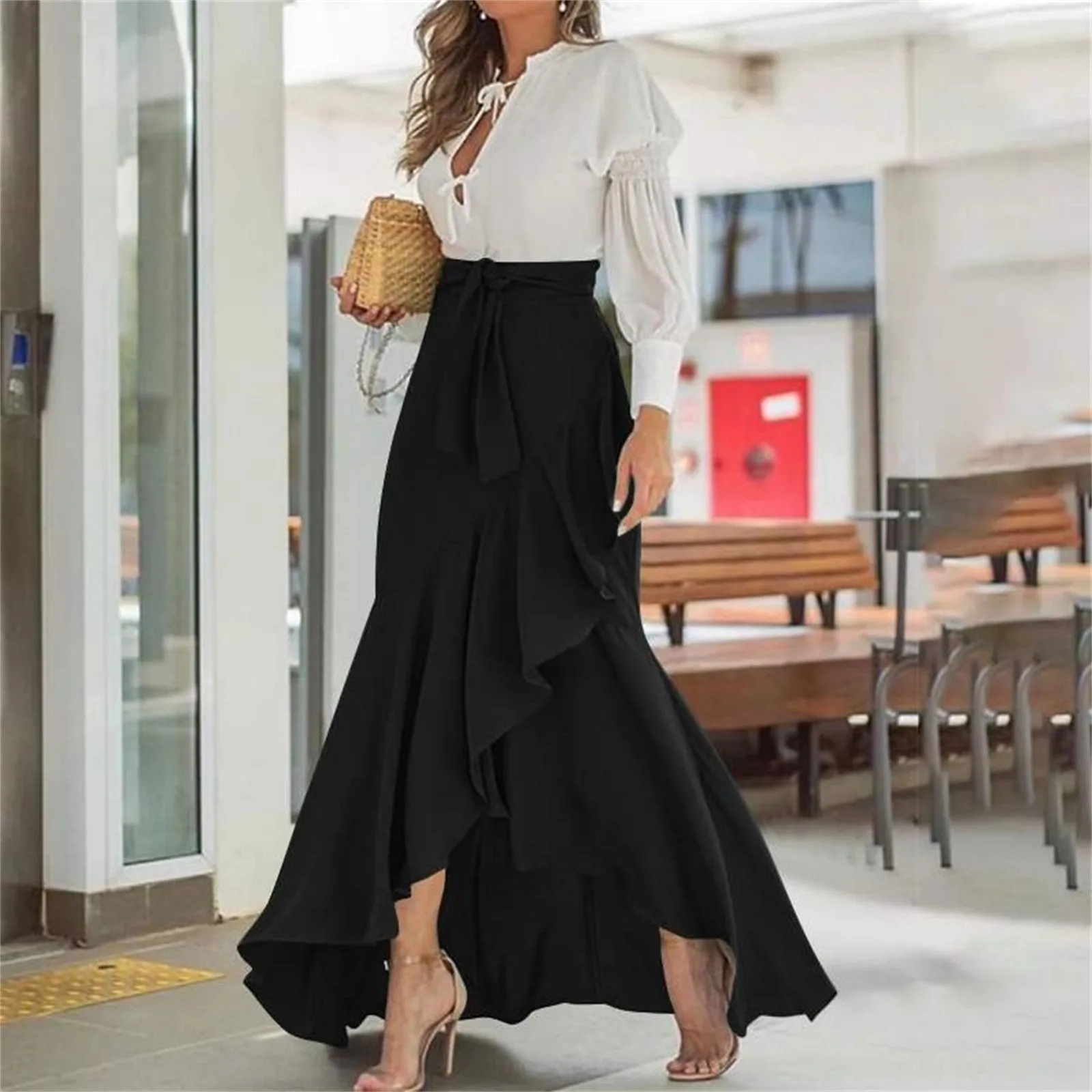 Women Casual Breathable Skirt Elegant Lace-up Ruffle Trim Maxi Skirt Plaid Print Bow Tie Detail High Waist Irregular Hem Skirt