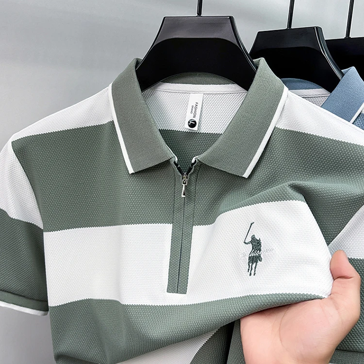 Modisches gestreiftes, farblich abgesetztes Kurzarm-Poloshirt für Herren High-End-Marke Pony-Stickerei Sommer, Golf, Freizeit, neues T-Shirt mit halbem Reißverschluss – Detail 6