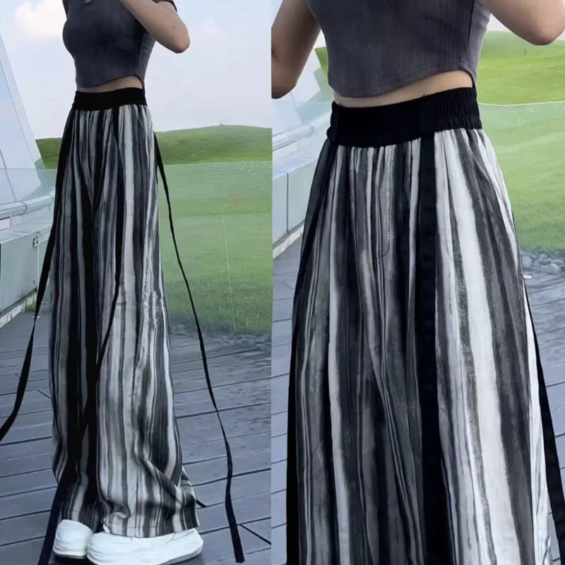 

2024 Women's Summer New Contrast Color Striped Pant Female Long Wide-leg Pants Ladies Loose High Waist Casual Trousers W55