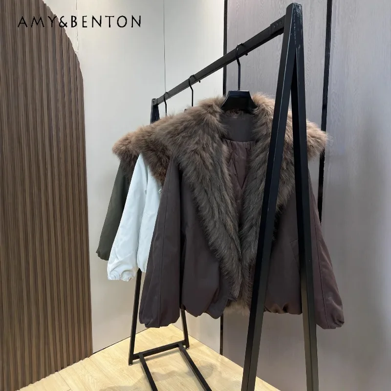 

2025 Winter New Women's Down Jacket With Fox Furry Collar Fashionable Youthful Faux Fur Coat Soft Comfortable Long-sleeves Top