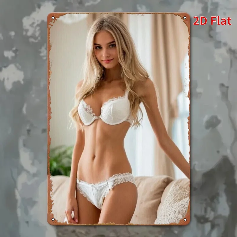Vintage Lingerie Girl Metal Wall Art, 2D Flat Iron Wall Decor for Living Room Bedroom Café, Rustic Home Artwork