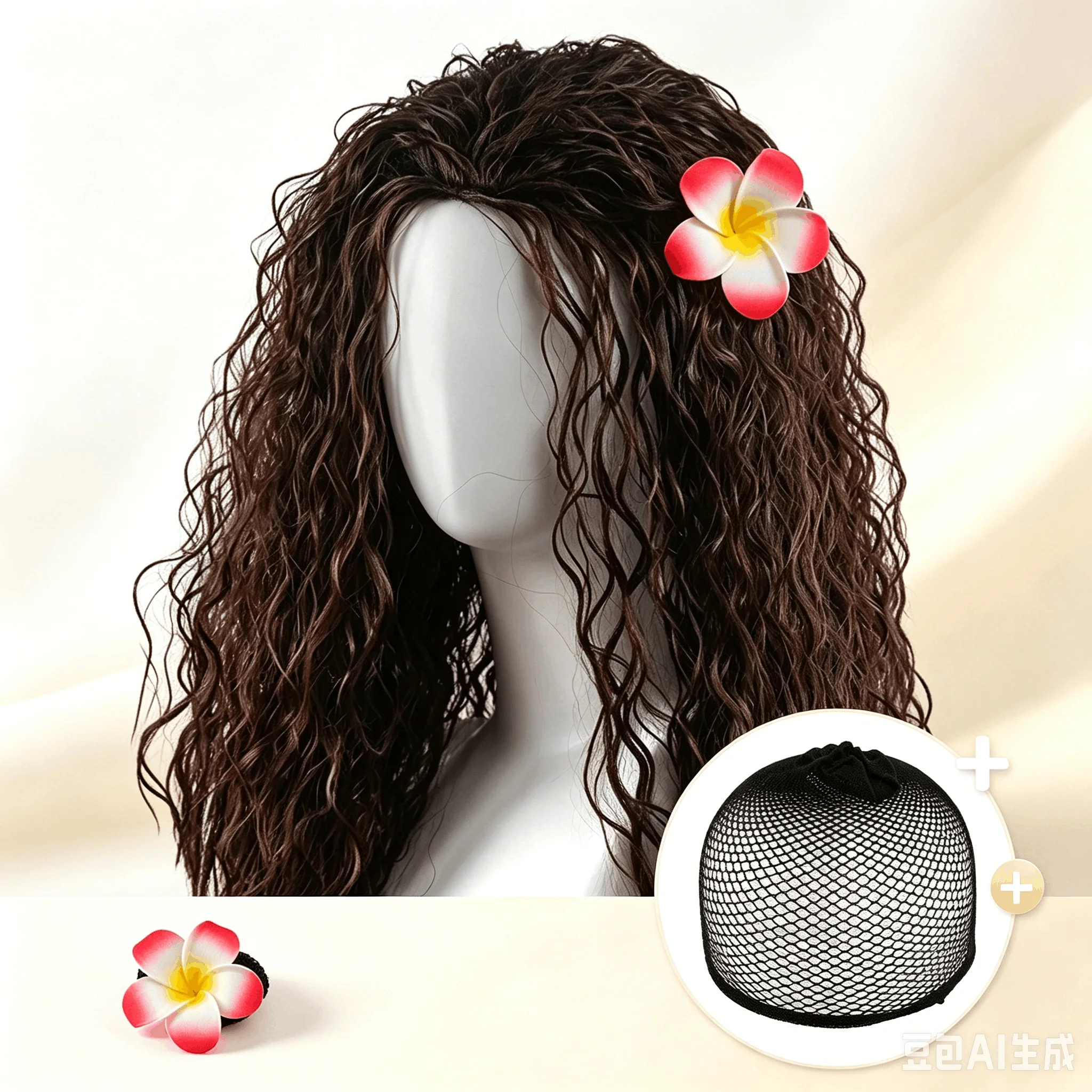 65CM Brown Curly Wig with Flower Tribal Island Princess Costume Wig for Women Girls Kids Halloween Cosplay Wavy Synthetic Hair