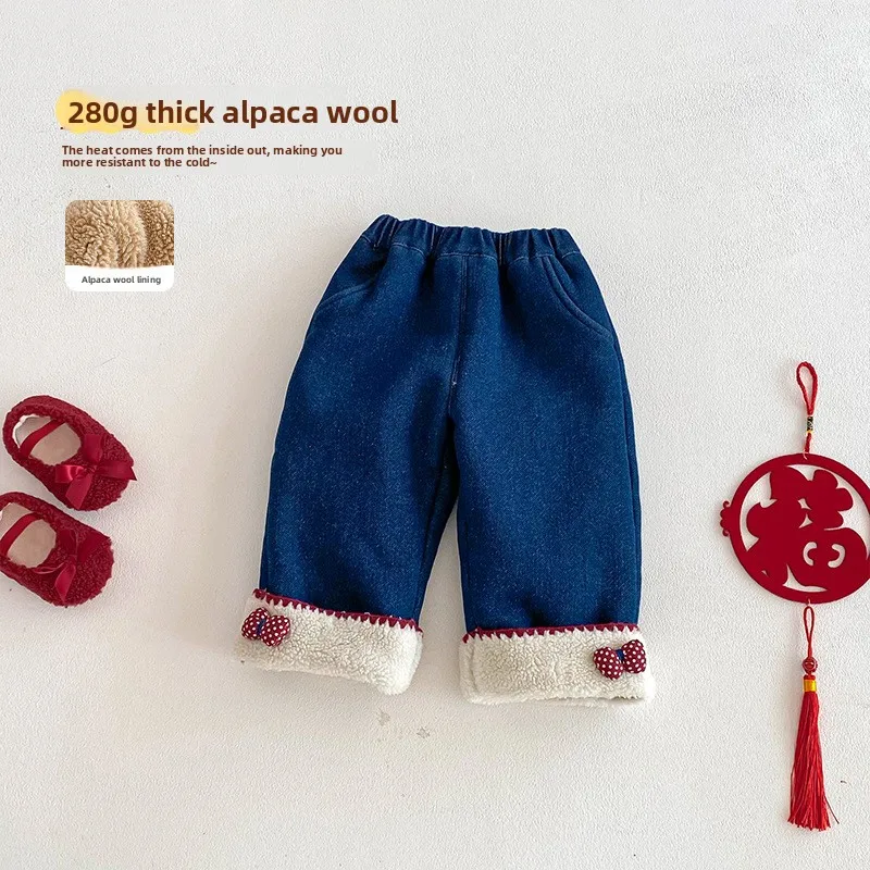 

Girls' Super Cute Jeans 2025 New Winter Baby Korean Version Bow and Velvet Pants Children's Super Cute Winter Clothes