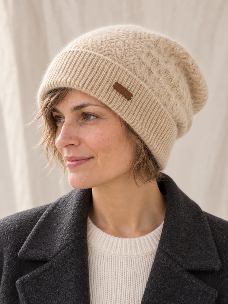 Women Cashmere Wool Cable Knit Beanie Mixed Cable Patterns Warm Bonnet Ribbed Cuff Winter Essential Hat