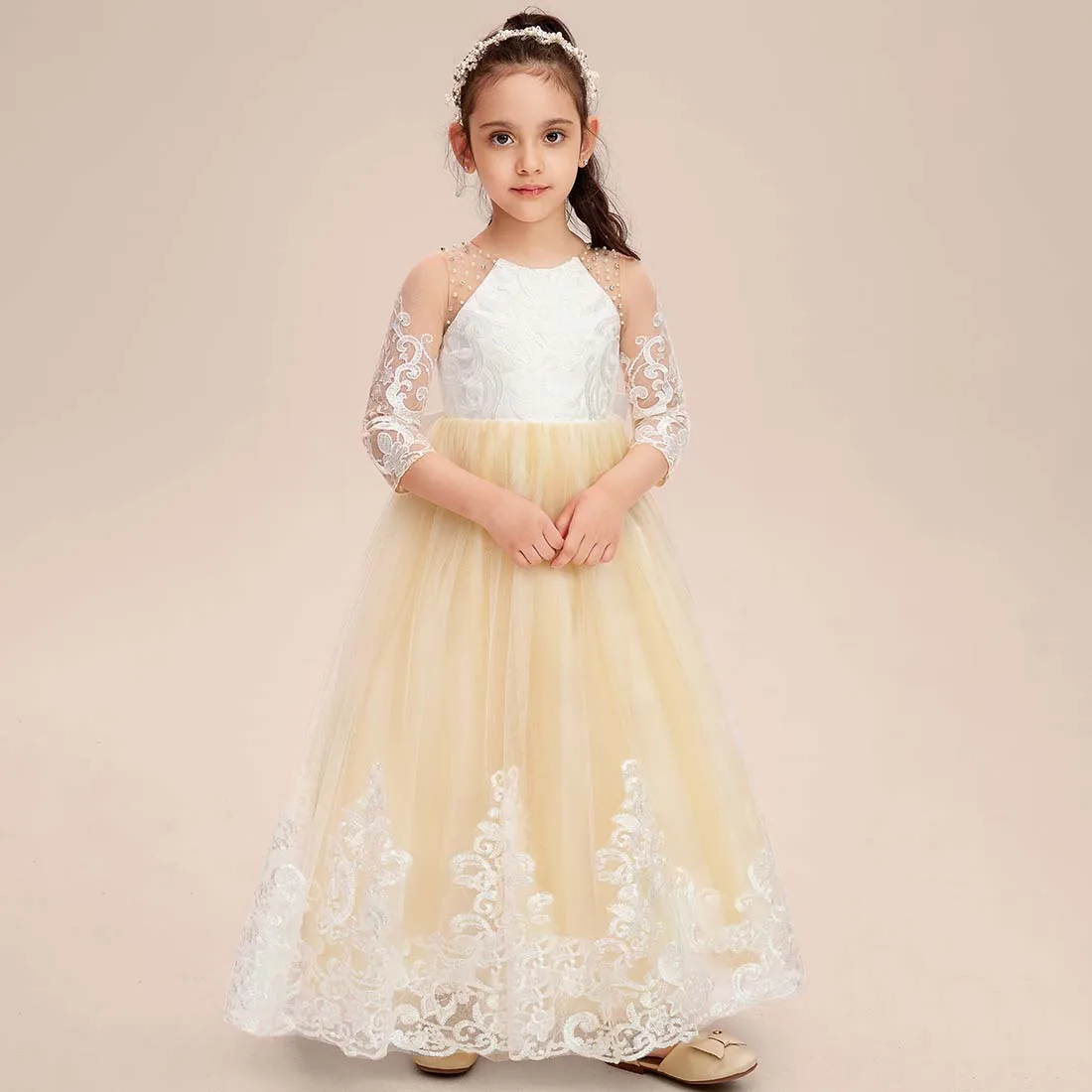 YZYmanualroom vestido de tul de encaje para niña de flores Pala acampanada, longitud hasta el suelo, 2-15T