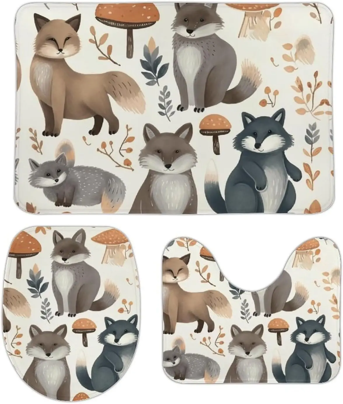 3 Piece Bath Rug Set Non Slip Absorbent Bath Mat Contour Mat with Toilet Lid Cover Raccoon Animals Soft Floor Mats for Bathroom