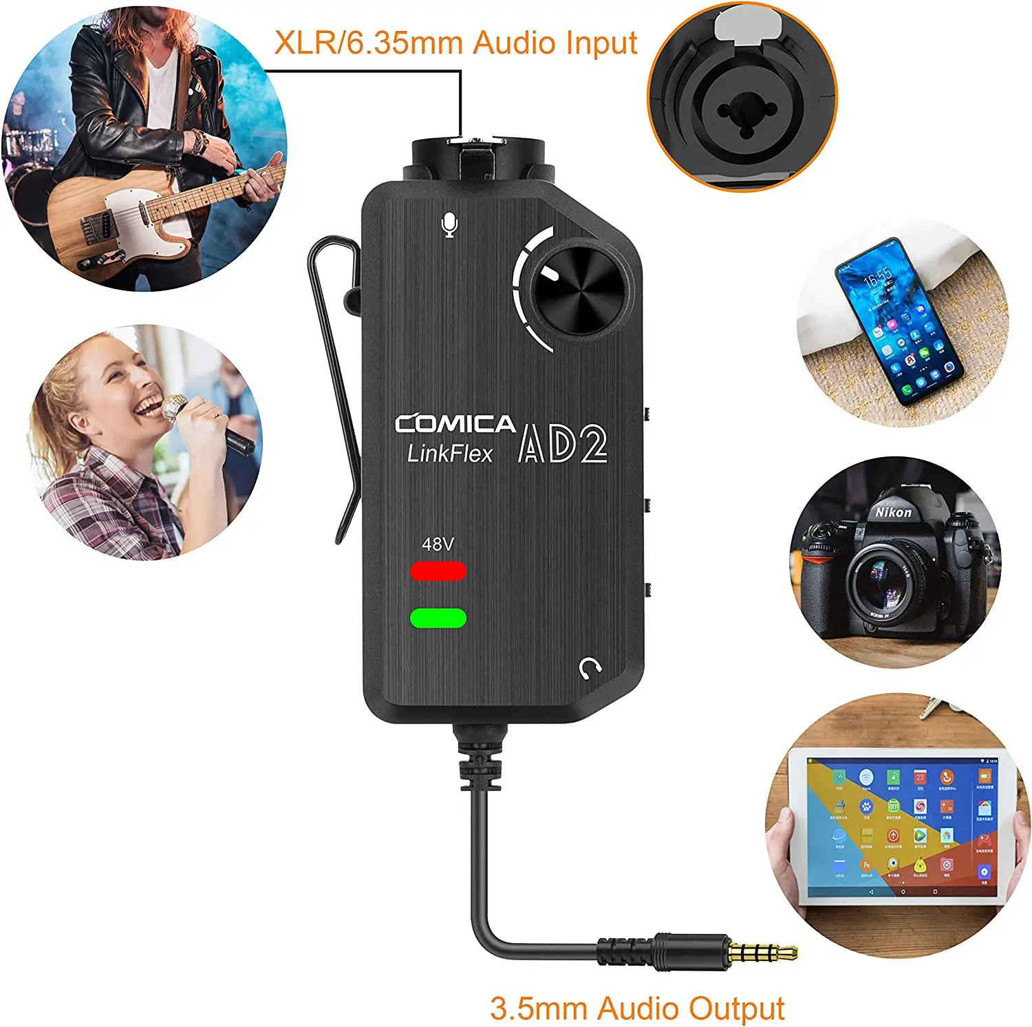 واجهة صوت COMICA LINKFLEX AD2 للهواتف الذكية iPhone Android/كاميرات DSLR، محول Preamp الصوتي مع طاقة فانتوم 48 فولت