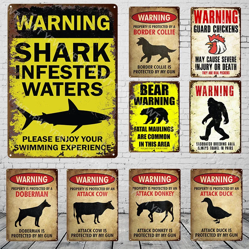 Shark Cow Dog Duck Animal Warning Vintage Tin Sign Metal Sign Lover Protected Pet Sign Wall Decor Farm Home Doghouse Decoration