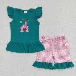 2023 New Arrival RTS NO MOQ Toddler Tee Baby Boutique Clothing Kids Castle Embroidery Sets Girls Green Shorts Outfits