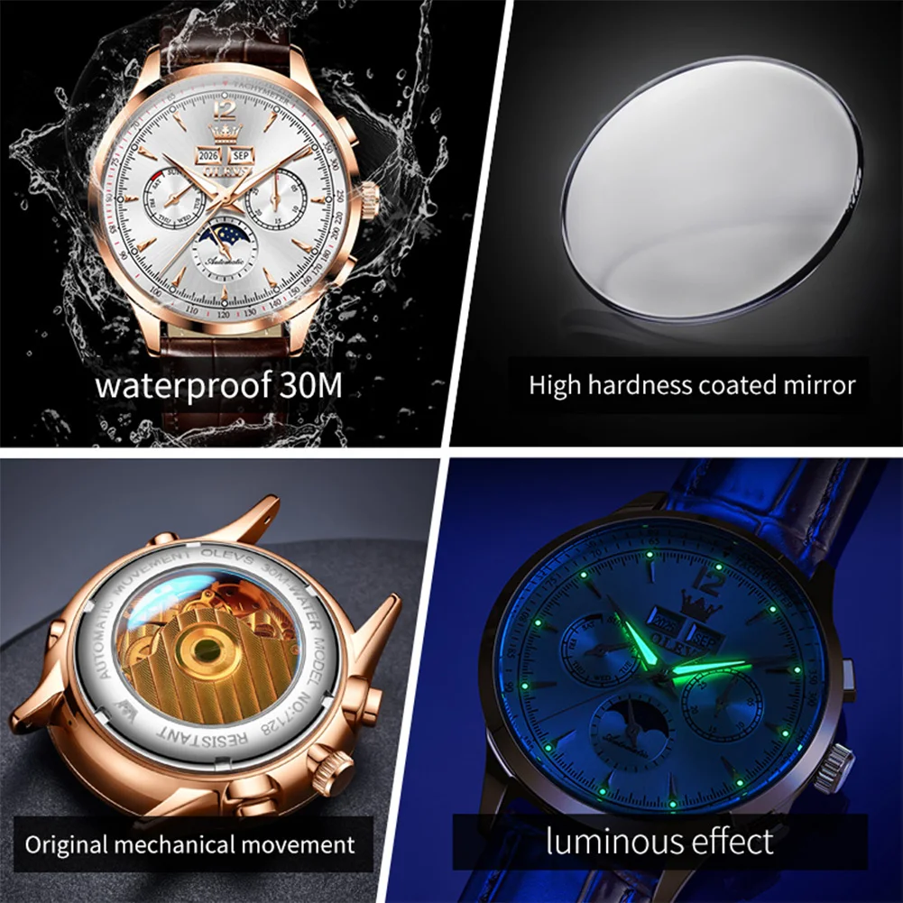 OLEVS 7128 Moon Phase Man Watch Fashion Leather Strap Perpetual Calendar Water Proof Luminous Luxury Automatic Mechanical Watch view 5