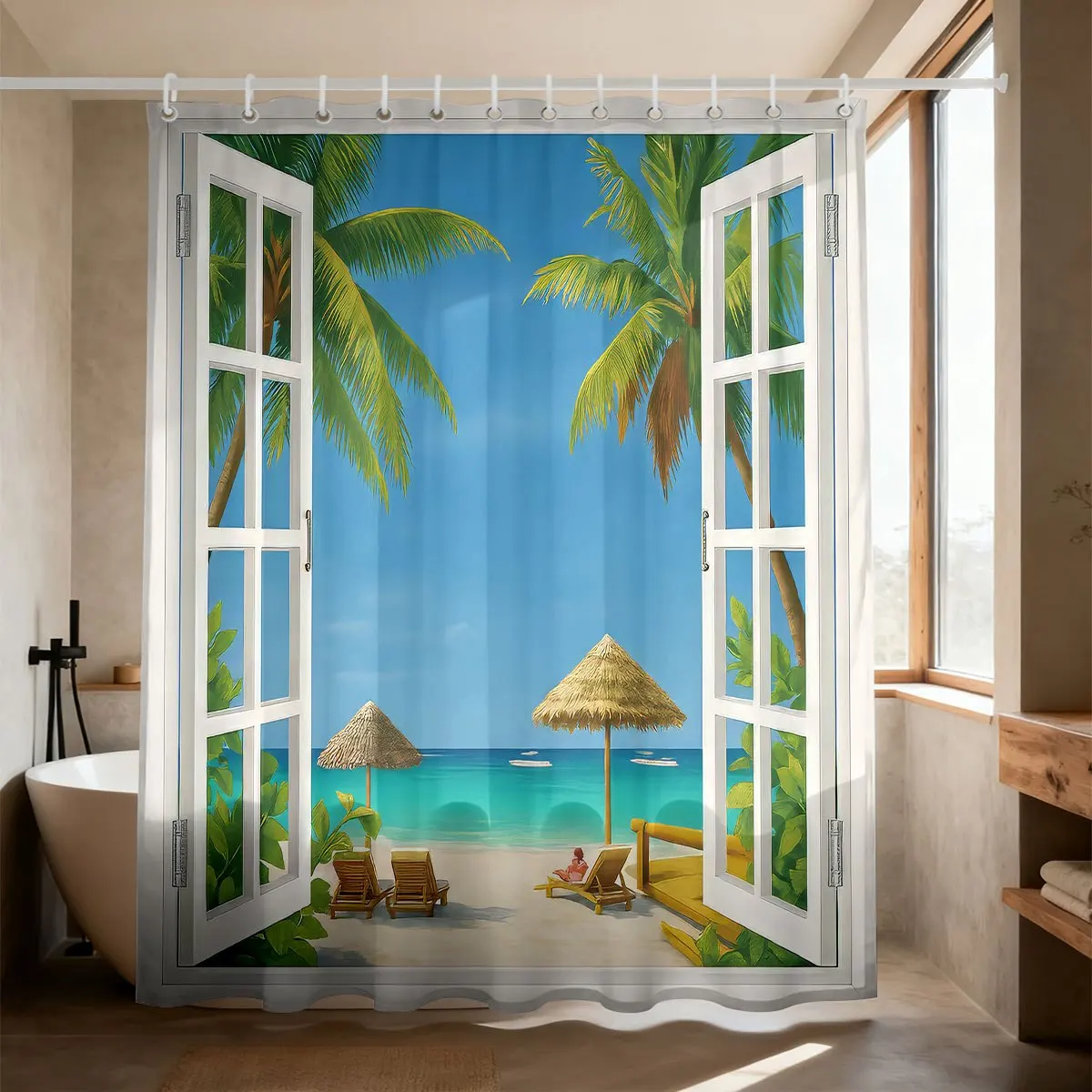 Fake Open White Window Tropical Seaside Beach View Palm Tree Straw Umbrellas Lounge Chair Blue Sea Bath curtain, Cozy Soft